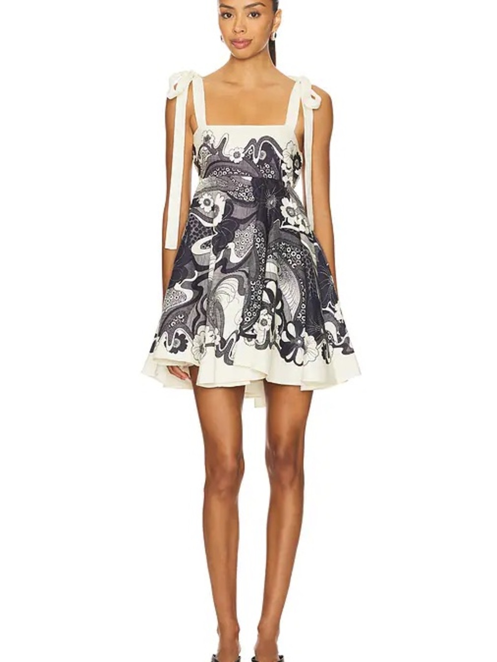 Alemais Black & White Tie-Shoulder Paisley Mini Dress